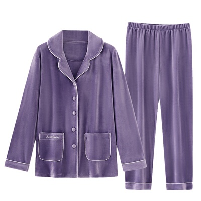 睡衣女海岛绒加厚翻领家居服套装