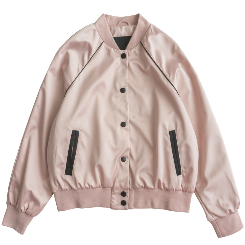 高品质珠光缎面绣花棒球服 新品 背后狗狗电脑刺绣立领女短外套