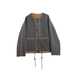 【山羊绒】ELLE绵羊毛气质撞色双面呢大衣女25冬新款短款毛呢外套