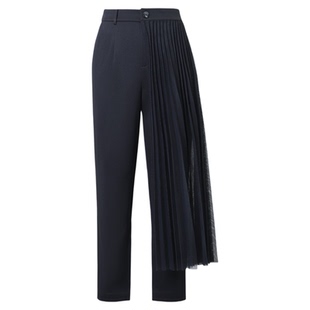 莱芙·艾迪儿2023年冬季新款黑色休闲直筒裤网纱拼接设计感裤子女