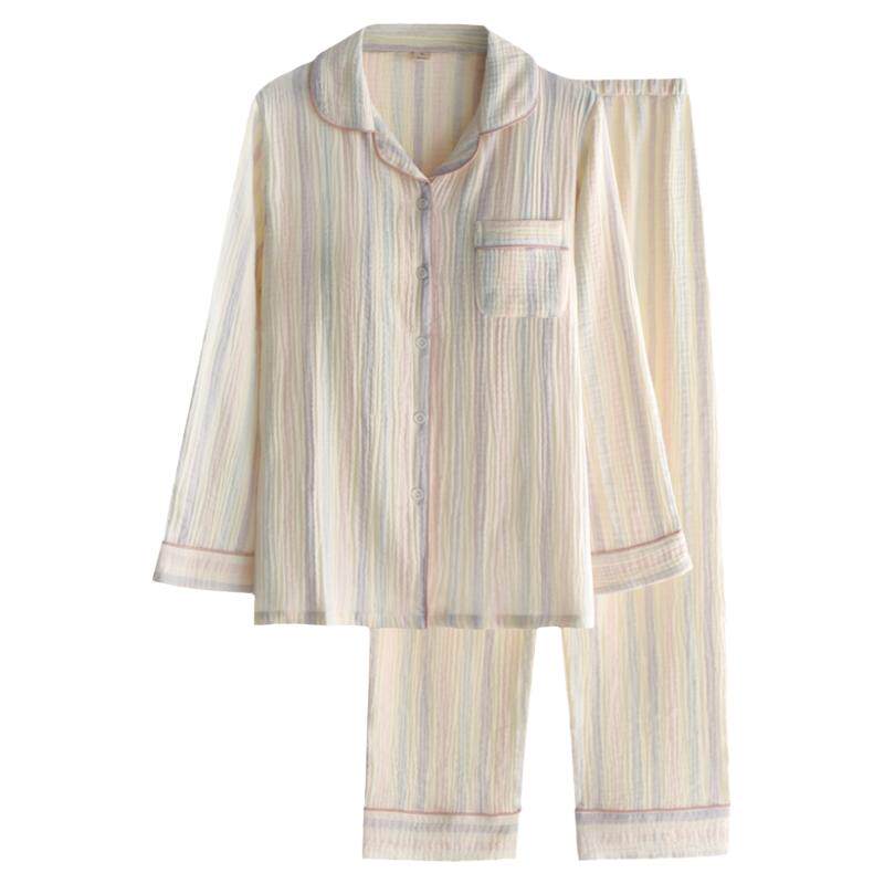 日系彩虹条纹带胸垫睡衣女士春秋夏季纯棉纱布薄款长袖家居服套装