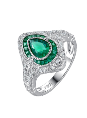 复古天然水滴祖母绿铂金戒指