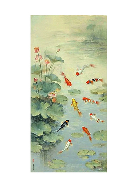 纯手绘九鱼聚财玄关客厅油画