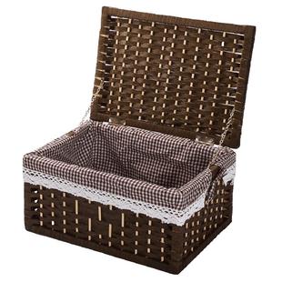 藤编编织竹编收纳筐带盖储物篮桌面收纳盒脏衣服收纳箱长方形竹筐