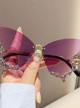 2024新款大框镶钻蝴蝶太阳镜时尚拍照表演道具眼镜女墨镜防紫外线