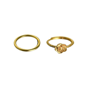 金色玫瑰花素圈戒指女生轻奢小众高级感可调节食指戒时尚个性指环