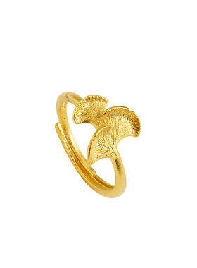 沙金银杏叶戒指沙金新款三生有幸女开口戒指可调节指环送女友礼物