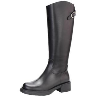 KISSCAT接吻猫2025长靴粗跟圆头增高真皮侧拉链长筒骑士靴女靴子