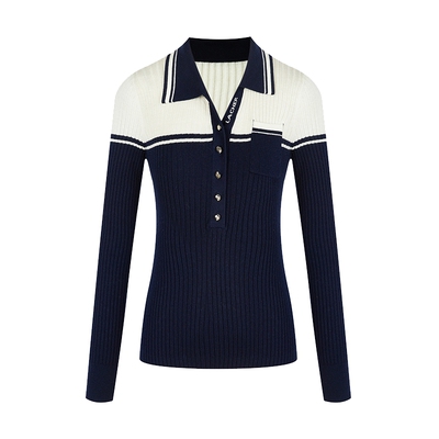 none撞色条纹细坑V领毛衣