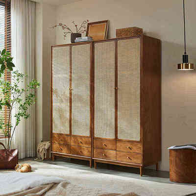 北欧实木藤编衣柜收纳储物柜简约现代复古橱柜民宿卧室双门衣帽柜
