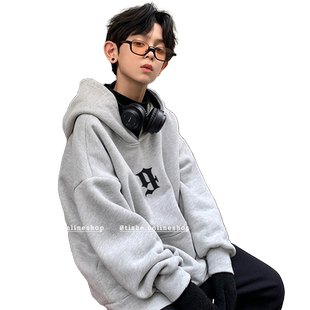 男童加绒卫衣连帽冬款潮牌中大童加厚保暖上衣儿童大男孩冬装童装