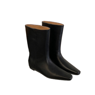 牛皮宽筒中筒靴2025年新款简约真皮坡跟方头短靴百搭内增高马丁靴