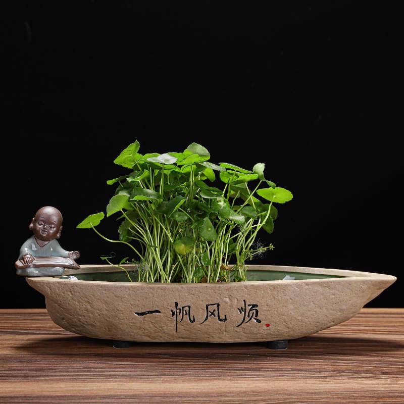 素烧粗陶花盆禅意古朴铜钱草水培器皿创意花瓶桌面一叶莲碗莲盆缸