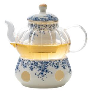 英式陶瓷小蓝花杯碟下午茶套装 高雅花茶壶蜡烛加热茶具咖啡杯碟