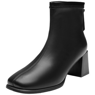 大东女鞋时装靴2025冬季新款时尚粗跟加绒瘦瘦靴方头通勤女靴短靴