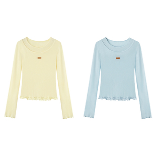 【柠檬奶青】Uena虞书欣同款假两件莱赛尔绵羊毛长袖圆领修身T恤