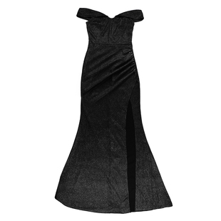 小可wiwi高级感闪闪黑色一字肩连衣裙女生日宴会礼服性感开叉长裙