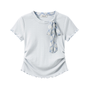 奶油的宇宙 绑带木耳花边蓝色正肩短袖T恤女温柔风收腰绝美小上衣