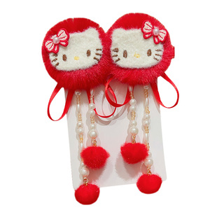 新年儿童蝴蝶结流苏毛球对夹女童6古风汉服过年宝宝红色发卡头饰