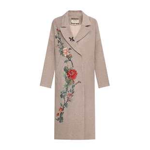 GEGINA吉吉娜新款绵羊毛混纺刺绣妮子大衣女长款过膝高级毛呢外套