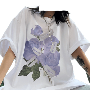 vintage古着白色短袖T恤女2024韩版港风bf原宿学生宽松半袖上衣服