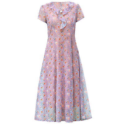 妈妈装夏时尚碎花领结短袖连衣裙