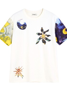 Desigual26秋冬新品宽松手绘星空印花月牙贴布圆领短袖男式T恤