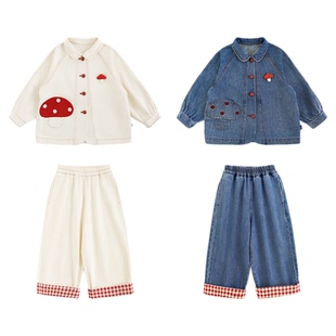 幼悠女童蘑菇系列春秋撞色红格翻折牛仔裤蘑菇绣花梭织外套多件套