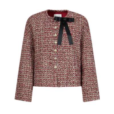 商场同款 摩萨克2026春新款新中式设计红色小香风粗花呢短外套女