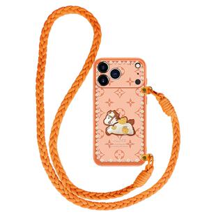 带挂绳适用苹果17promax手机壳新款17pro橙色iPhone16卡通趣味小马15pro斜挎14可以背的13max贴皮plus女12套