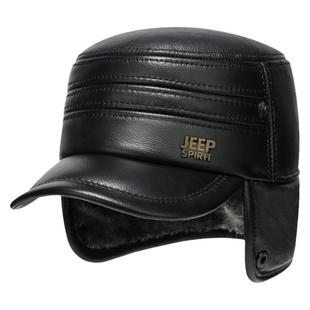 JEEP吉普真皮帽子男冬天中老年雷锋帽护耳加绒加厚保暖牛皮平顶帽