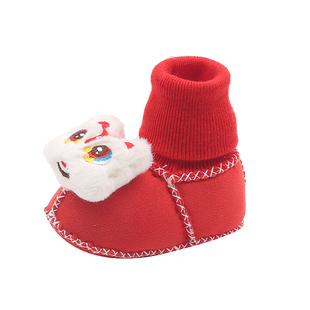 新年宝宝袜鞋子大红色新年满月新生婴儿保暖秋冬季加绒厚软底袜套