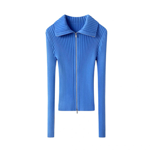 蓝色针织开衫外套女2025新款秋季翻领拉链修身高级感毛衣羊毛上衣