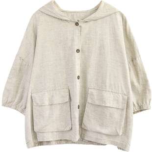 绿素棉 大码女装连帽纯麻衬衣女七分袖 夏装宽松百搭休闲亚麻外套