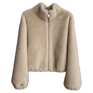 暖茶/软糯宽松立领短款仿水貂毛皮毛一体环保皮草冬季毛毛外套女