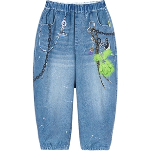 [力安同款][软丹宁]woobaby儿童仿牛仔远红外发热冬加绒运动裤子