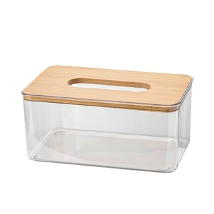 仿竹木盖透明纸巾盒家用餐桌茶几创意侧抽卷纸桶大号餐巾纸收纳盒