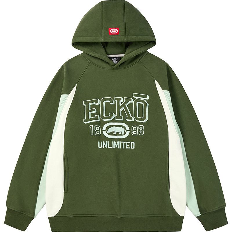 ecko红犀牛撞色加绒连帽刺绣卫衣