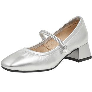 天美意复古银色玛丽珍皮鞋女鞋子高跟浅口单鞋春新款BI282AQ5