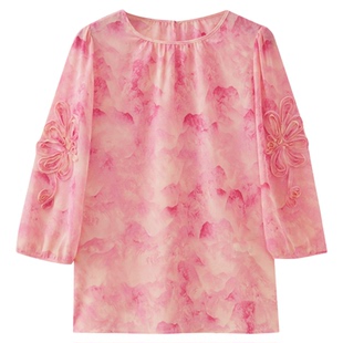 水云间中国风粉色雪纺衫女七分袖圆领上衣知性优雅气质小衫2025夏