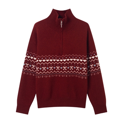 KBNE费尔岛红色复古毛衣女慵懒打底针织衫秋冬季新款加厚长袖上衣