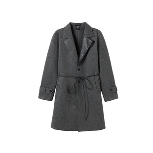 韦恩泽维尔宽松大码冬男翻驳领中长款皮拼接可收腰呢子大衣9266