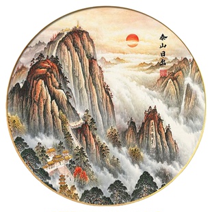泰山日出玄关装饰画新中式过道走廊圆形墙壁画有山无水办公室挂画