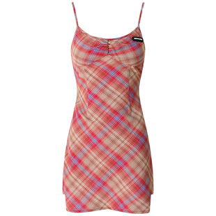 ziziFei夏季新款美式复古格纹收腰修身显瘦吊带红色格子连衣裙女