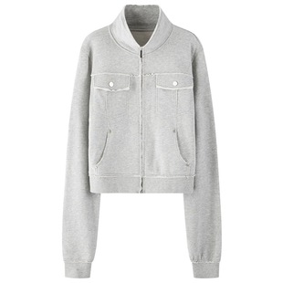 十一石 立领短款修身卫衣外套女宽松微喇长裤直筒短裤休闲三套装