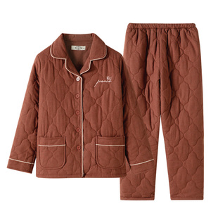 美标新款三层加厚保暖夹棉纯棉睡衣套装女冬全棉休闲可外穿家居服