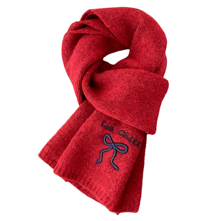 2025新款冬季安哥拉红蝴蝶结刺绣围巾女保暖百搭针织情侣圣诞围脖