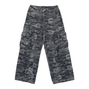 Holocene美式潮牌复古迷彩阔腿工装裤宽松设计感弯刀痞帅牛仔裤男