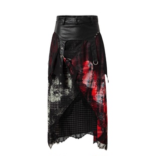 BAK原创黑红格子拼接蕾丝半身裙不规则中长裙女春秋朋克少女