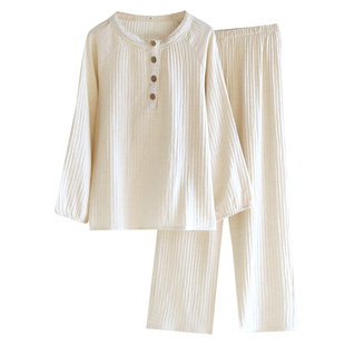 新款棉麻睡衣女士家居服长袖长裤花边纯色春夏秋冬季简约坑条薄款
